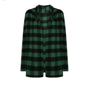 Women's Open Front Buffalo Plaid Cardigan Long Sleeve with Elbow Patch